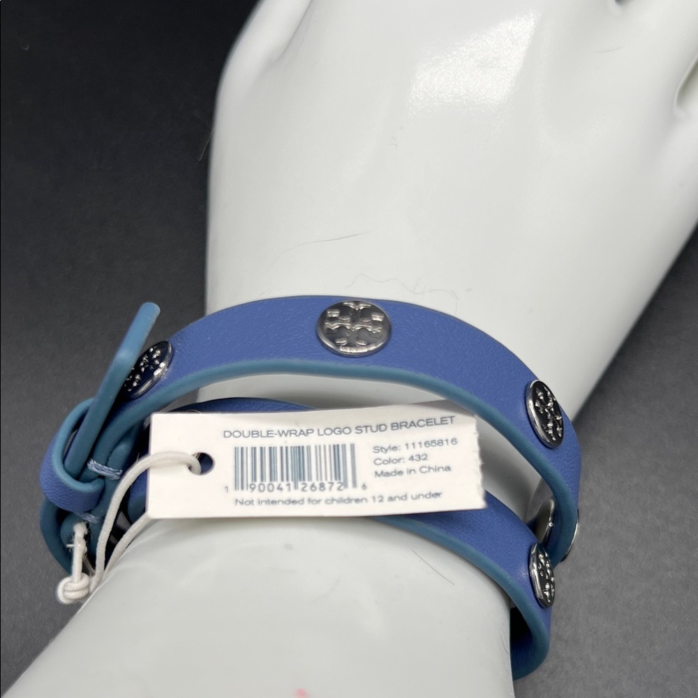 Tory Burch Double Wrap logo Stud Blue Leather Bracelet Silver Medallion NEW - Picture 3 of 9